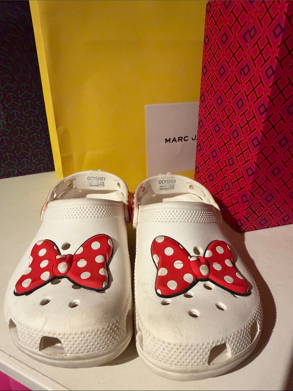 CROCS Kids White Clogs with Red Polka Dot Minnie Bows